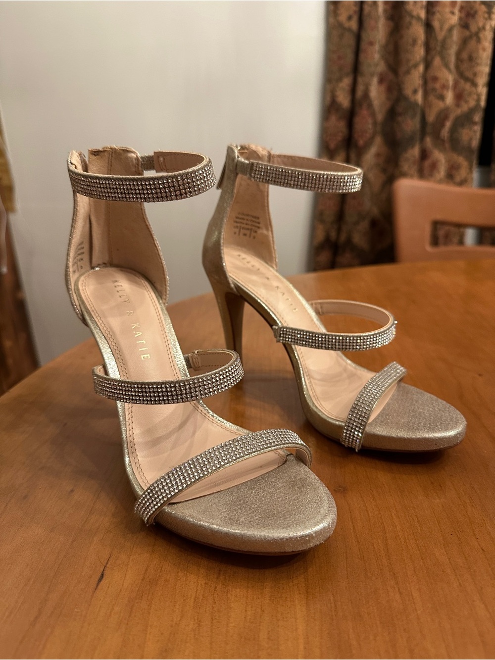 Kelly & Katie Gold Rhinestone Triple-Strap Stiletto Heels